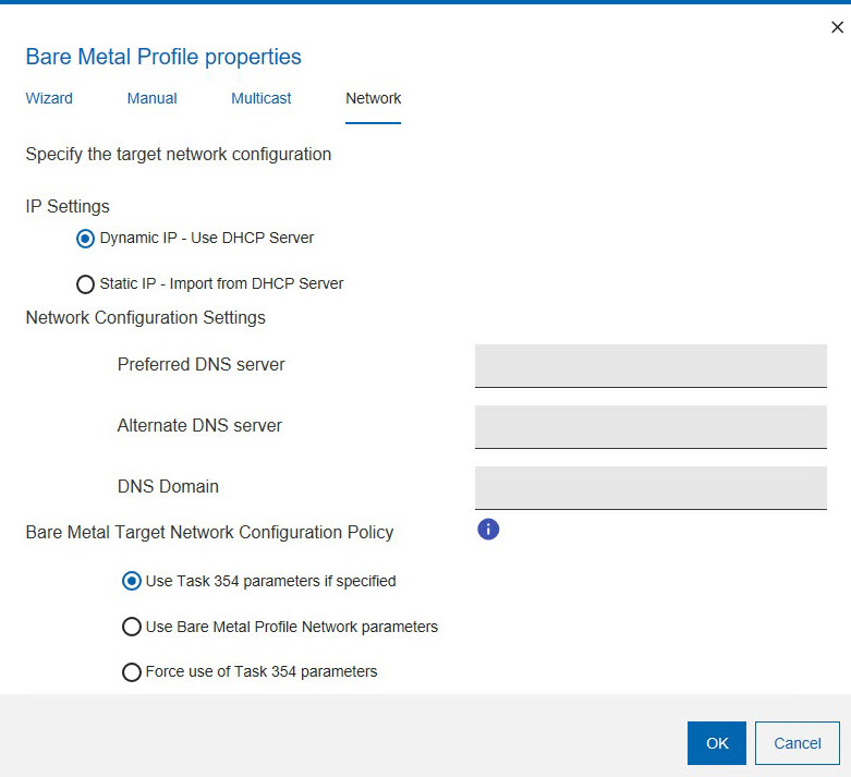 Specify target Network settings tab with default parameters