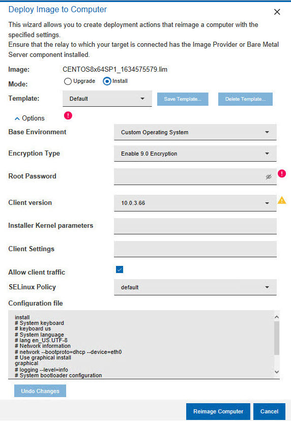 Deploy image to computer dialog - install mode