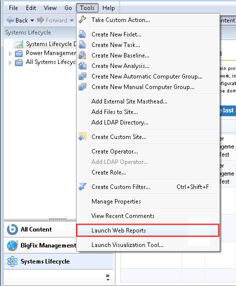 Selecting Launch Web Reports from the Tools dropdown menu