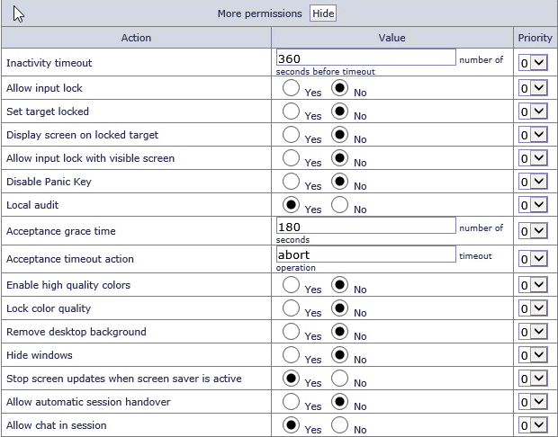 When you click Show, in the More permissions section, extra policies are displayed. You can set values and priorities for the policies.