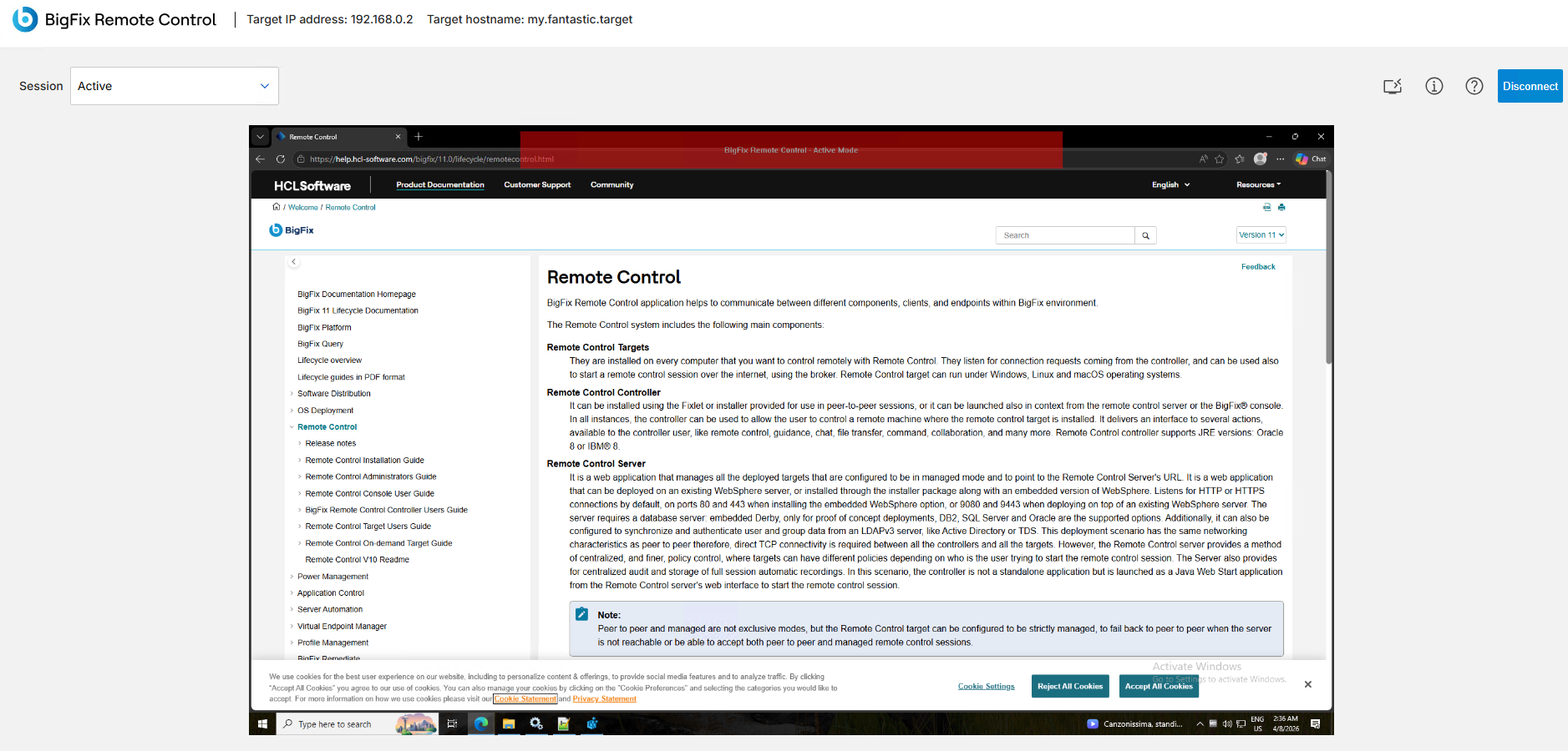 BigFix Remote Control Web Controller UI.