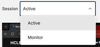 Session mode selector open with options Active and Monitor.