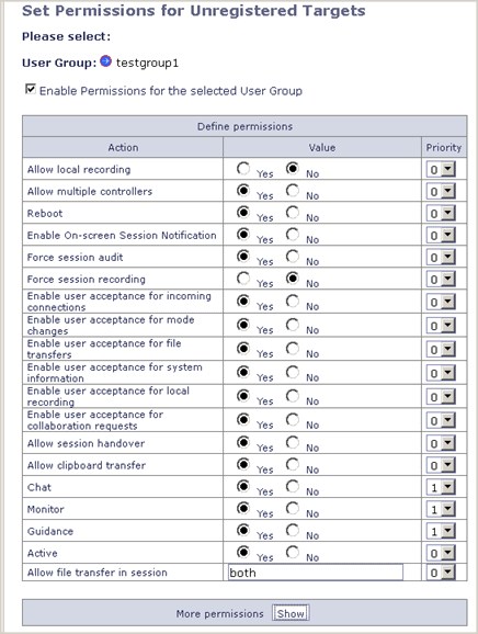 Target user can select a user group. Click enable permissions for the selected User Group to enable policies. They can set values and priorities for the policies.