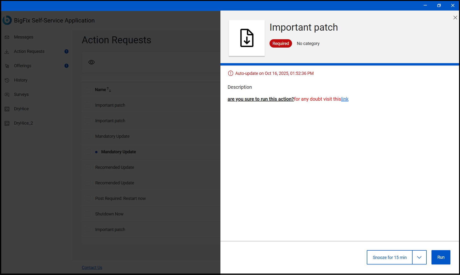Confirmation Message in Action Details panel