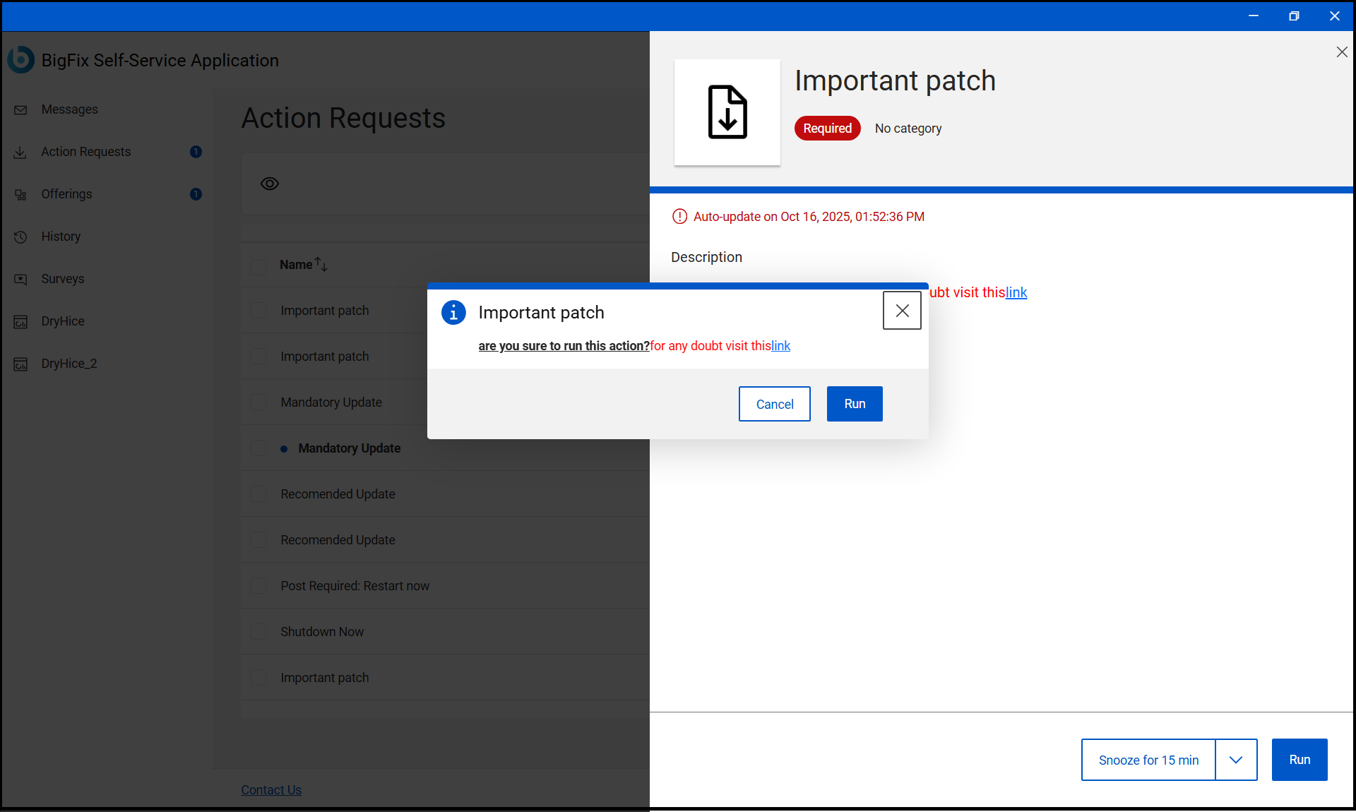 Confirmation Message after clicking the Multi-Selection “Run” button