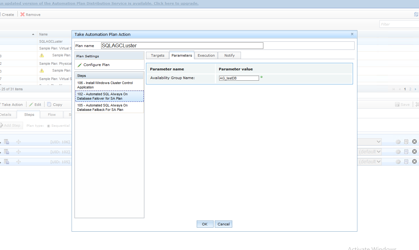 Parameters tab showing the Availability Group name field required before executing a failover or failback task