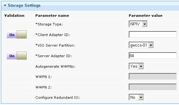 Storage Settings section with NPIV storage selected.