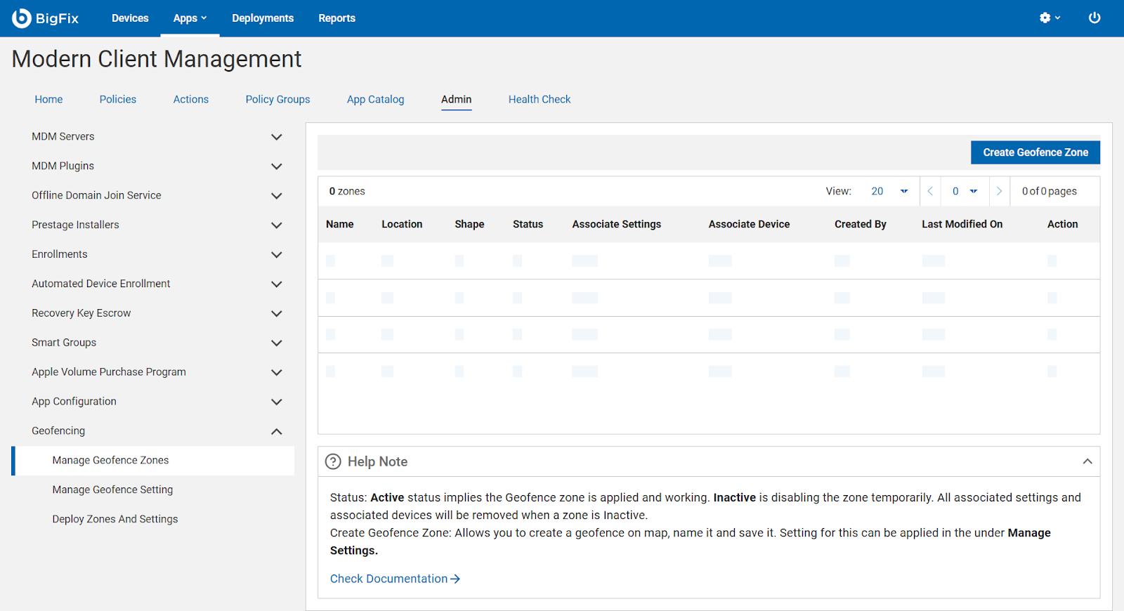 Manage Geofence Zones page in BigFix MCM WebUI