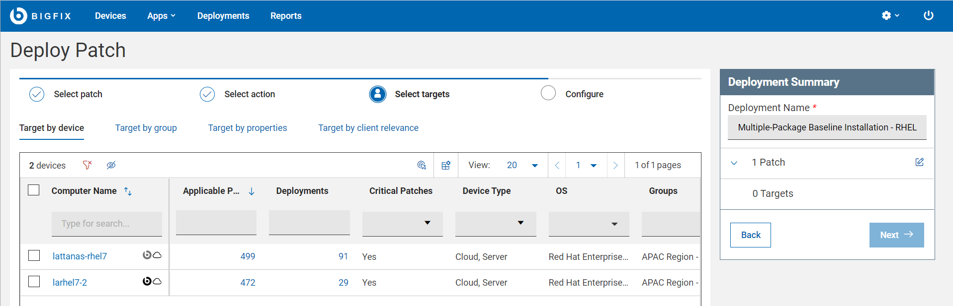 Image of the Target Devices screen. Annotations: a) Track your progress with the bar at the top of the screen. b) Review selections and make changes using the controls in the right panel. c) Use the search, sort, and filtering tools to locate devices and content.