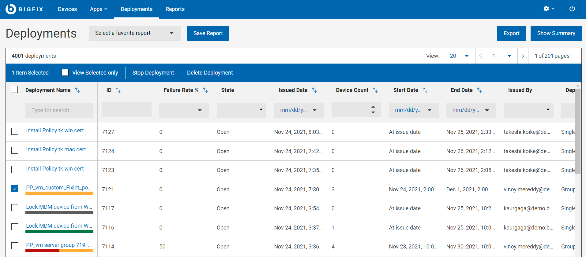 Image showing status bars on the Deployments list page.