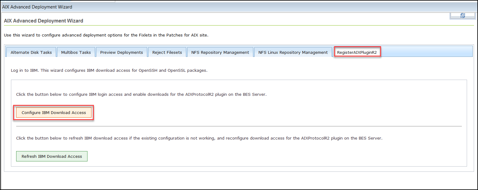 The AIX Advanced Deployment Wizard showing the RegisterAIXPluginR2 tab with the Configure IBM Token into AIXPluginR2 and Refresh Configure IBM Token buttons.