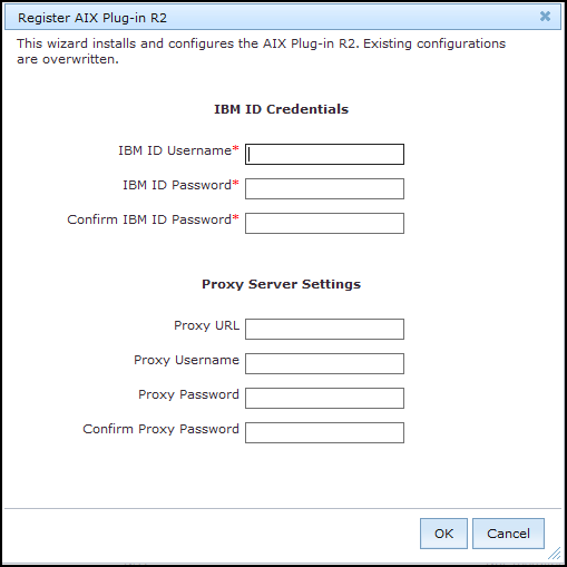 The Register AIX Plug-in R2 wizard showing the IBM ID Credentials section and the Proxy Server Settings section.