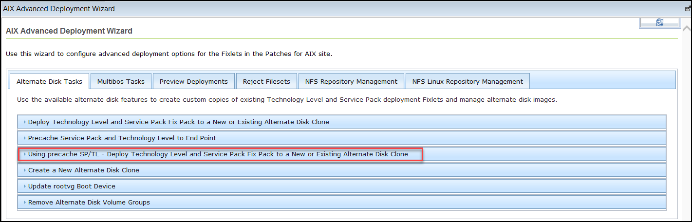 Deploy technology level and service pack fix pack to a new or existing alternate disk clone