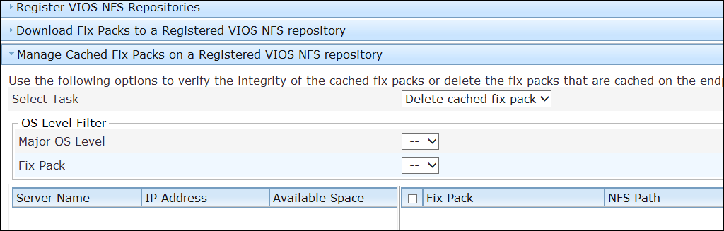 Deleting cached fix packs on a registered VIOS NFS repository