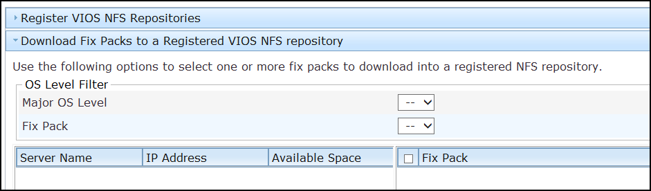 Download fix packs to a registered VIOS NFS repository