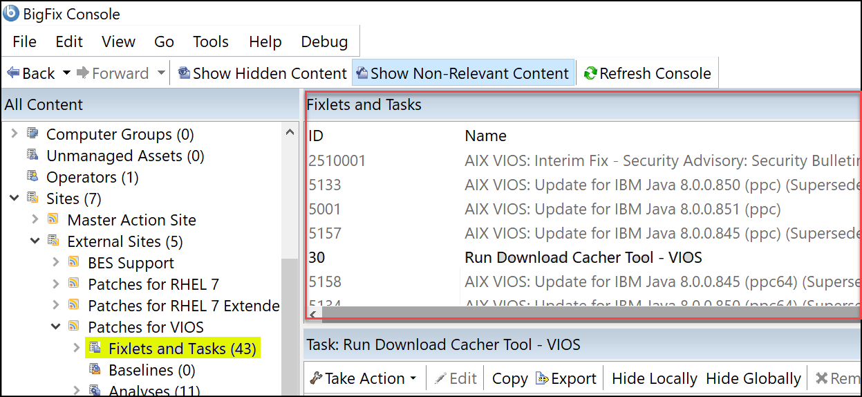 Fixlet list panel view