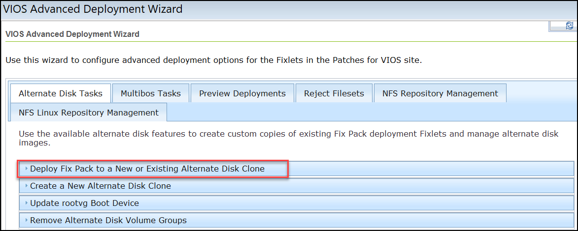 Deploy fix packs to a new or existing alternate disk clone