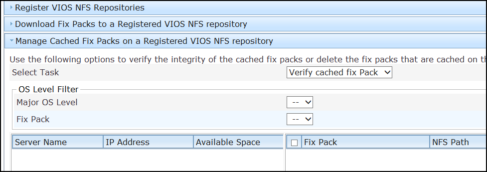 Verifying cached fix packs on a registered VIOS NFS repository