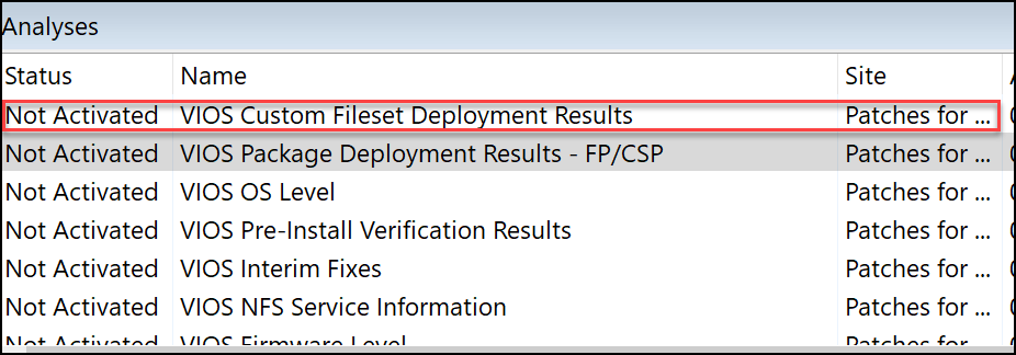 Activating the VIOS Custom Fileset Deployment Results analysis