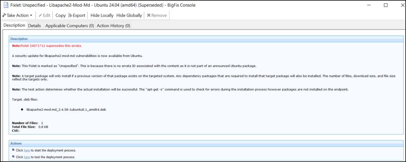 Description of a superseded Fixlet showing the newer Fixlet ID