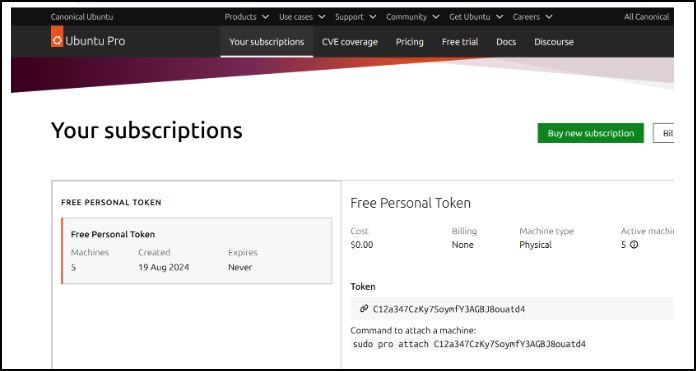The Ubuntu Pro dashboard showing the Free Personal Token under the list of subscriptions.