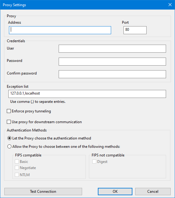 Displays the settings to configure the proxy connection