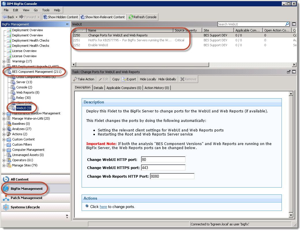 Image showing list of WebUI enablement Fixlets in the console.