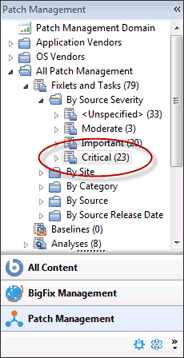 This window displays a list panel where Fixlets and Tasks option is selected to disclose the Source Severity folder.