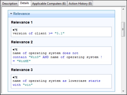 This window displays the Details tab under which the Relevance expressions that are used to determine the relevance of an individual Fixlet message or Task are displayed.