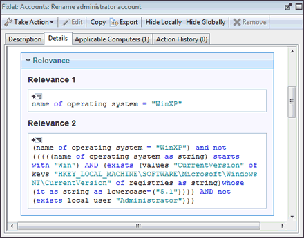 This window displays a selected Details tab at the top. It also displays a page listing various Properties and the Relevance clauses and Action scripts.