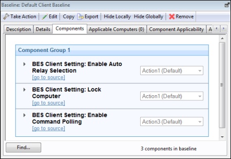 This window displays the Components tab. The Baseline document displays a list of all the component Fixlet messages and Tasks that have been grouped into this particular Baseline.