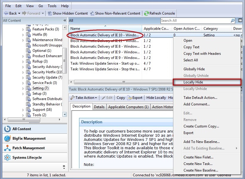 This window displays the Fixlets and Tasks drop down list in the center of the panel where Block Automatic Delivery is highlighted. On the right hand side of the panel a drop down menu highlights the Locally Hide option.