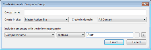 This window displays the Create New Automatic Computer Group dialog where you can define the criteria for Automatic Grouping.