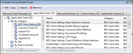 This window displays The Applicable Tasks tab of the Computer Group document. A list of all the Tasks that are applicable to one or more computers are also displayed.