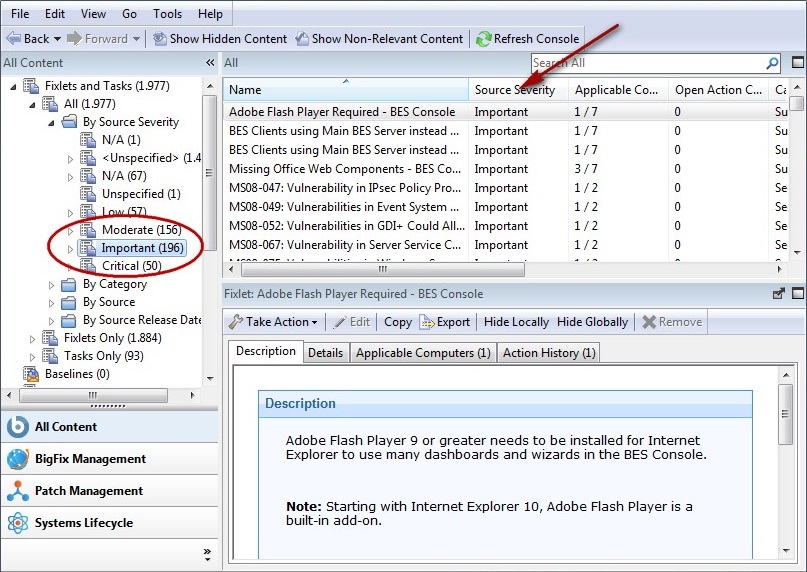 This window displays the domain panel showing the Applicable computer count and description tab highlighted on the right hand side of the panel. On the left hand side of the panel it shows a list of fixlets and tasks that are sorted by source severity.