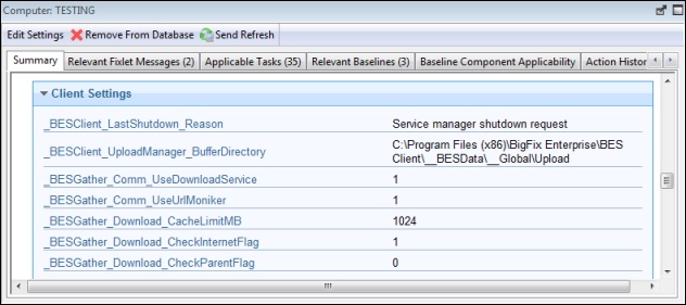 This window displays a highlighted summary tab where a list of settings for the computer are displayed.