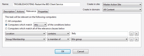 This window displays the Relevance tab under which there are some options where you can specify a condition that must be evaluated.