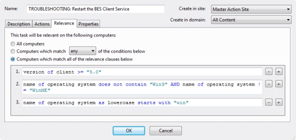 This window displays the Relevance tab under which Computers on which the relevance clause below is true option is selected.