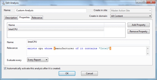 This window displays the properties tab of the Create Analysis dialog where you can define the properties you want to analyze. Add Property and the Remove Property buttons are displayed on the right hand side of the panel.