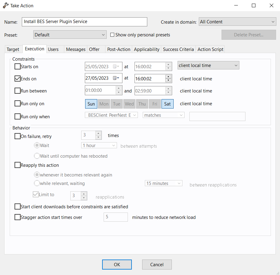 This window displays the Action dialog under which the Execution tab is selected. In this tab you can set the schedule, time interval, and the recovery options that must be satisfied when deploying the action.