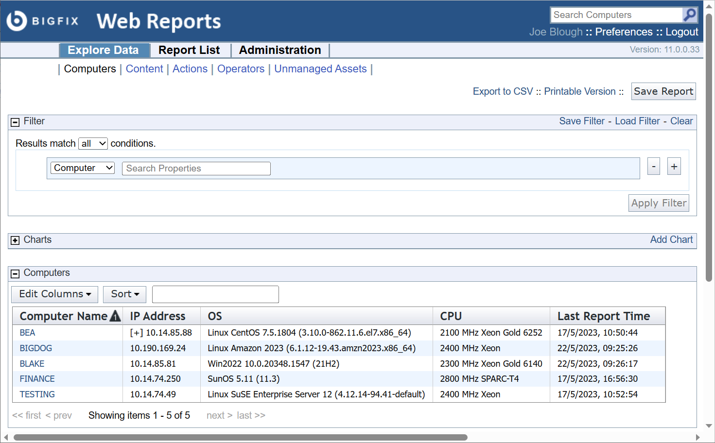 This window displays a typical report, summarizing the computers in your network by their properties.