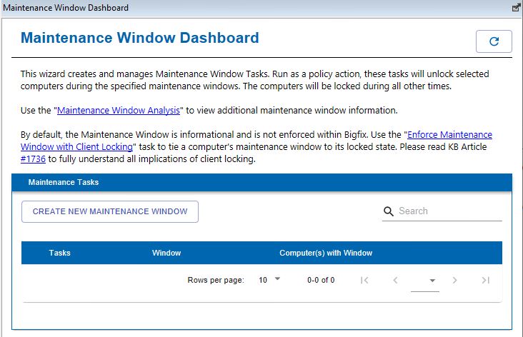 This window displays the Maintenance window dashboard dialog.