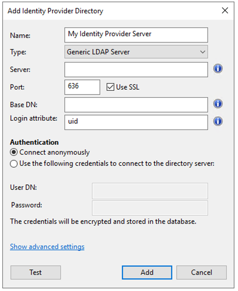 This window displays the Add LDAP Directory dialog.