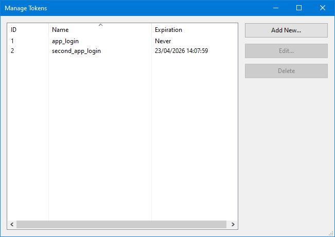 This window displays the manage tokens dialog