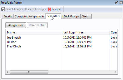 This window displays the Role Operators Tab under which you can associate specific local or LDAP-defined users with the given role.