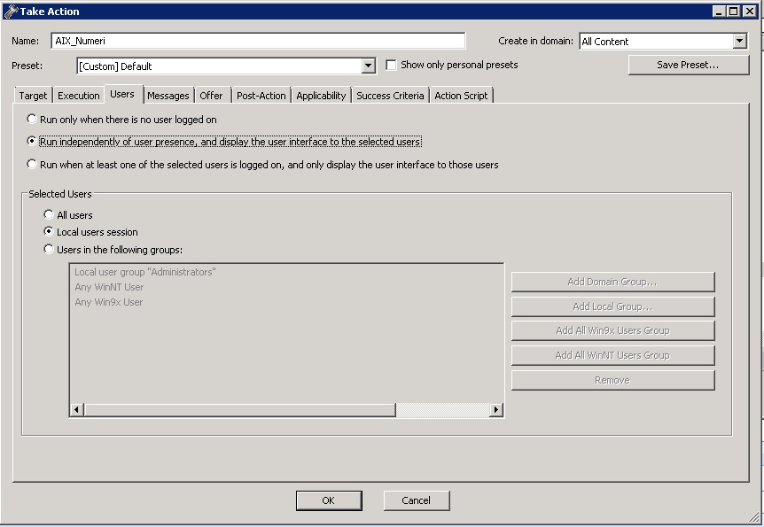 This window displays the Users tab under which you can fine tune the delivery of actions based on the presence of users.