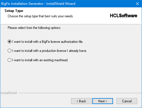 Select the first option: I want to install with a BigFix license authorization file