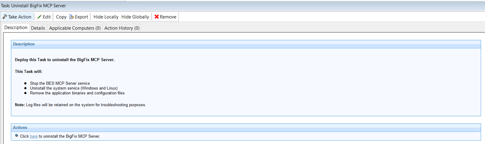 BigFix Platform MCP Server Uninstall Fixlet