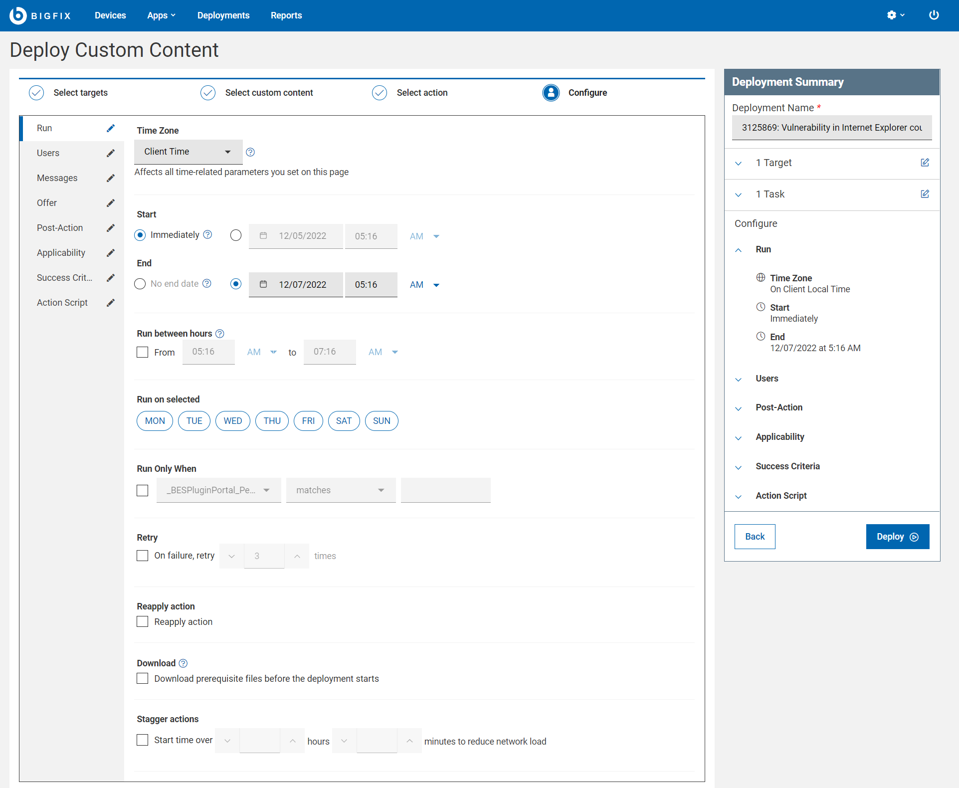 Image of the deployment configuration page.