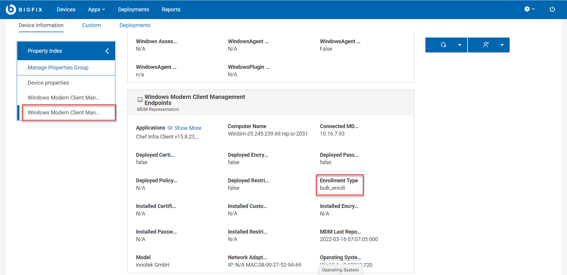 Device Information of a bulk enrolled Windows device